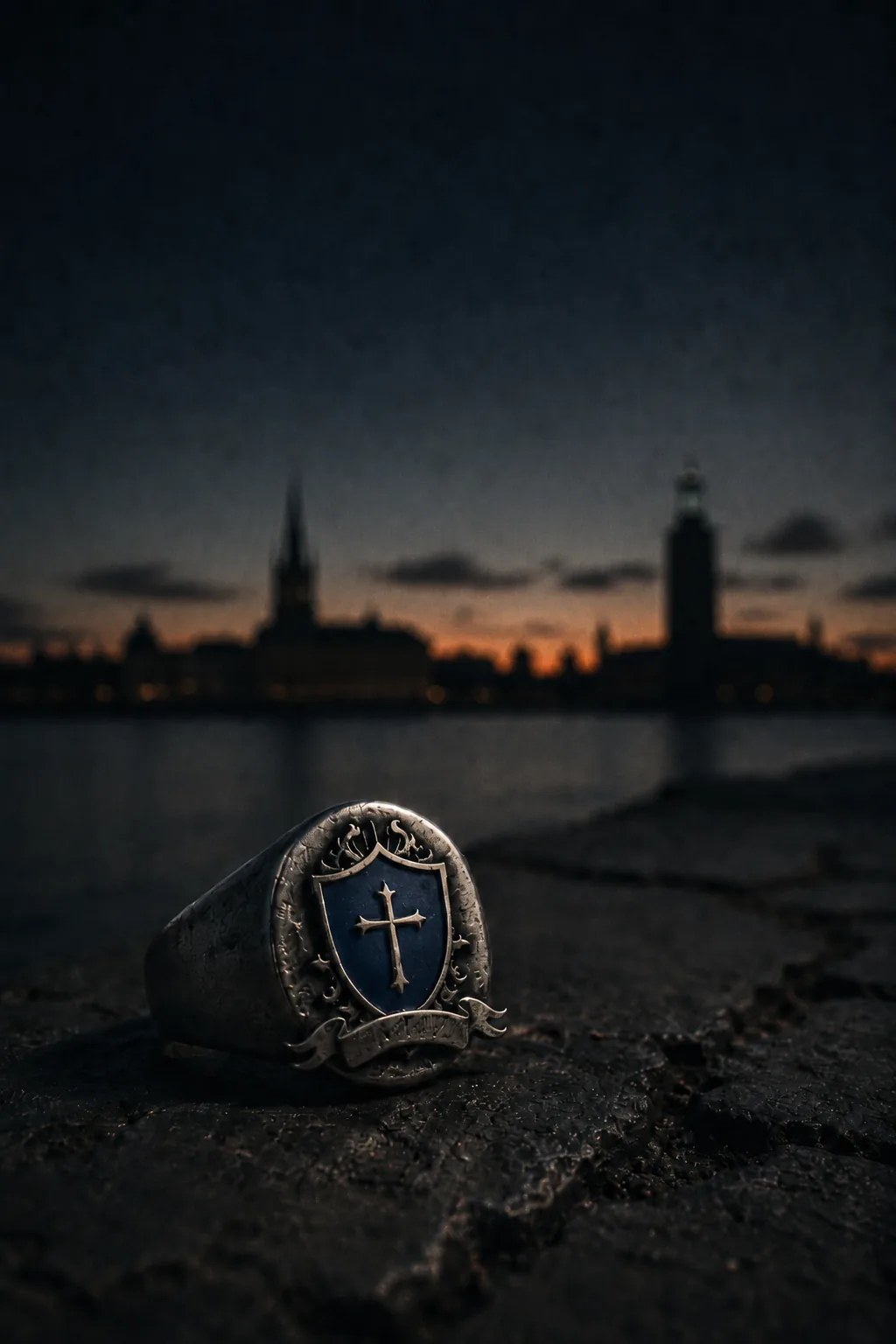 A signet ring bearing the Creuz family shield, resting on wet stone with the Stockholm skyline behind it at dusk.